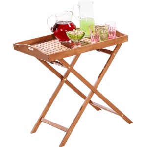 Rechteckiger, brauner Klapptisch Greenville (70x45cm) mit Getränken und Snacks.
