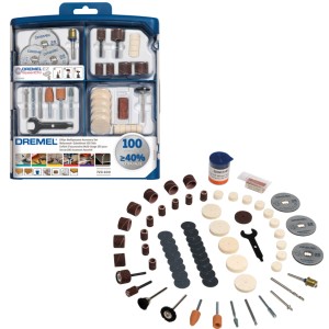 Dremel Mehrzweck-Zubehörset 100 Teile in blauer Box, mit Schleifbändern, Trennscheiben, Polierfilzen für Miniaturwerkzeuge.