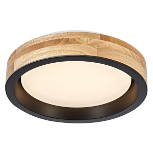 Runde Osram LED-Deckenleuchte mit hellem Holz-Ring und schwarzem Metallgehäuse. Warmweißes Licht für Wohnräume.