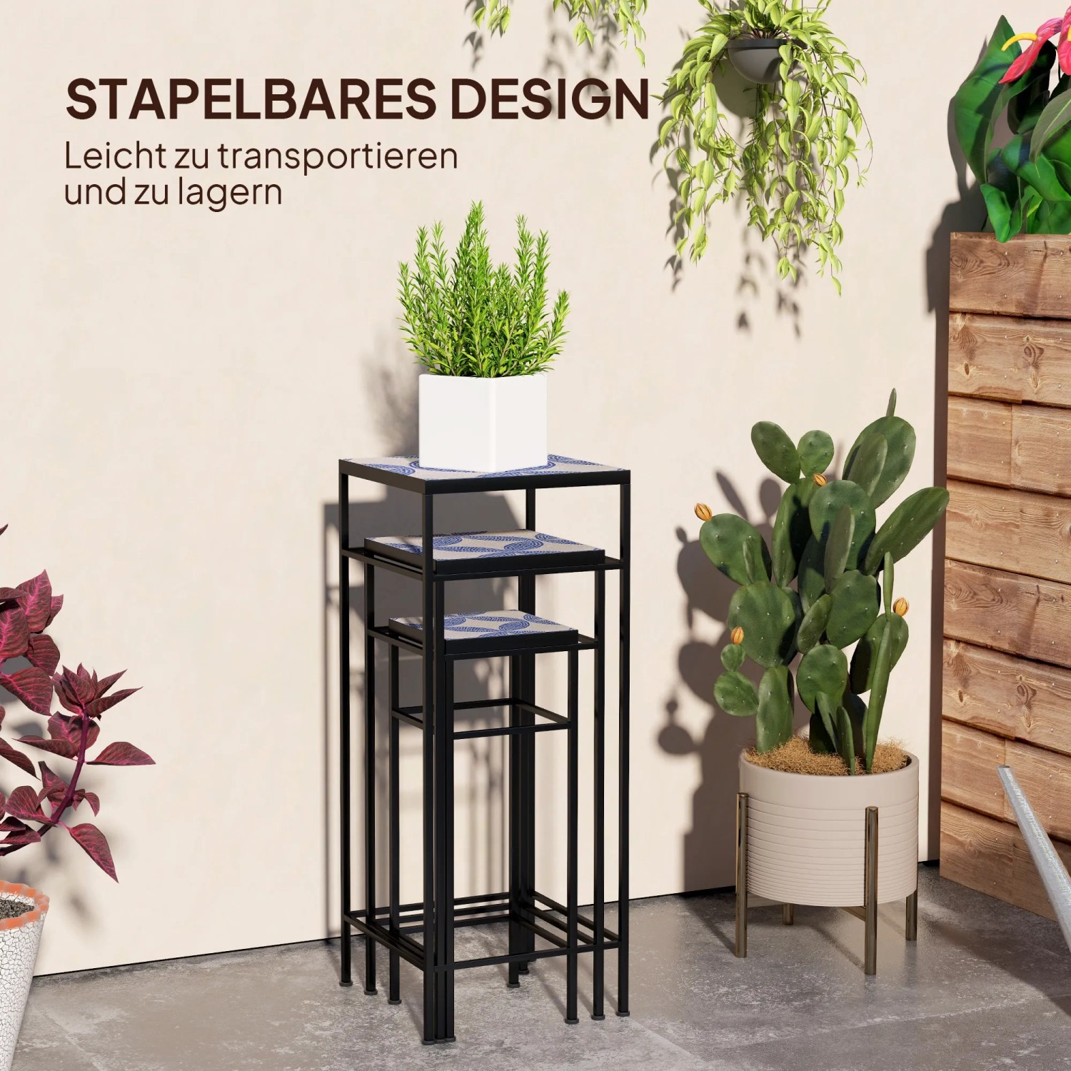 Outsunny Blumenständer Set mit blau-weißen Fliesen, 3 Größen, stapelbar.
