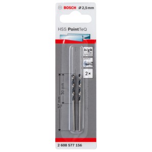 Bosch HSS-Spiralbohrer PointTeQ, 2,5mm, 2er-Pack. Metallbohrer mit selbstzentrierender Spitze.