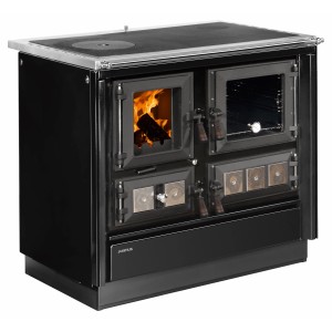 Schwarzer Justus Küchenofen Rustico 90 2.0 aus Stahl mit Kochplatte, Backofen und Holzfeuer.