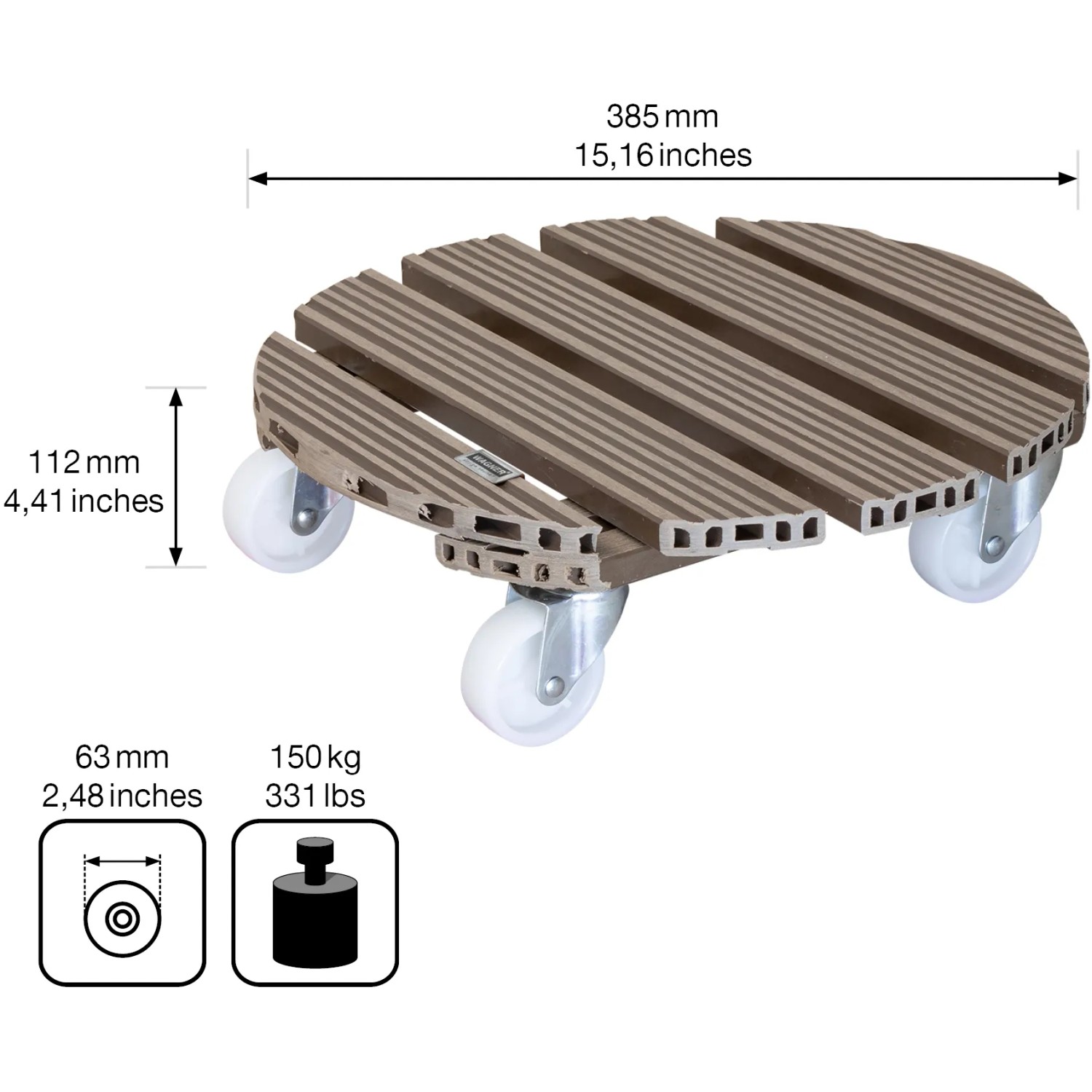 Wagner WPC Pflanzenroller, Ø 38,5 cm, taupe, mit 4 Rollen, bis 150 kg belastbar.