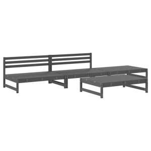 Graues 4-tlg. Garten-Lounge-Set aus Kiefernholz mit zwei Bänken und zwei Tischen/Hockern.