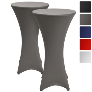 Zwei anthrazitfarbene Beautissu Stehtischhussen Stella, passend für Stehtische mit Ø 70 cm.