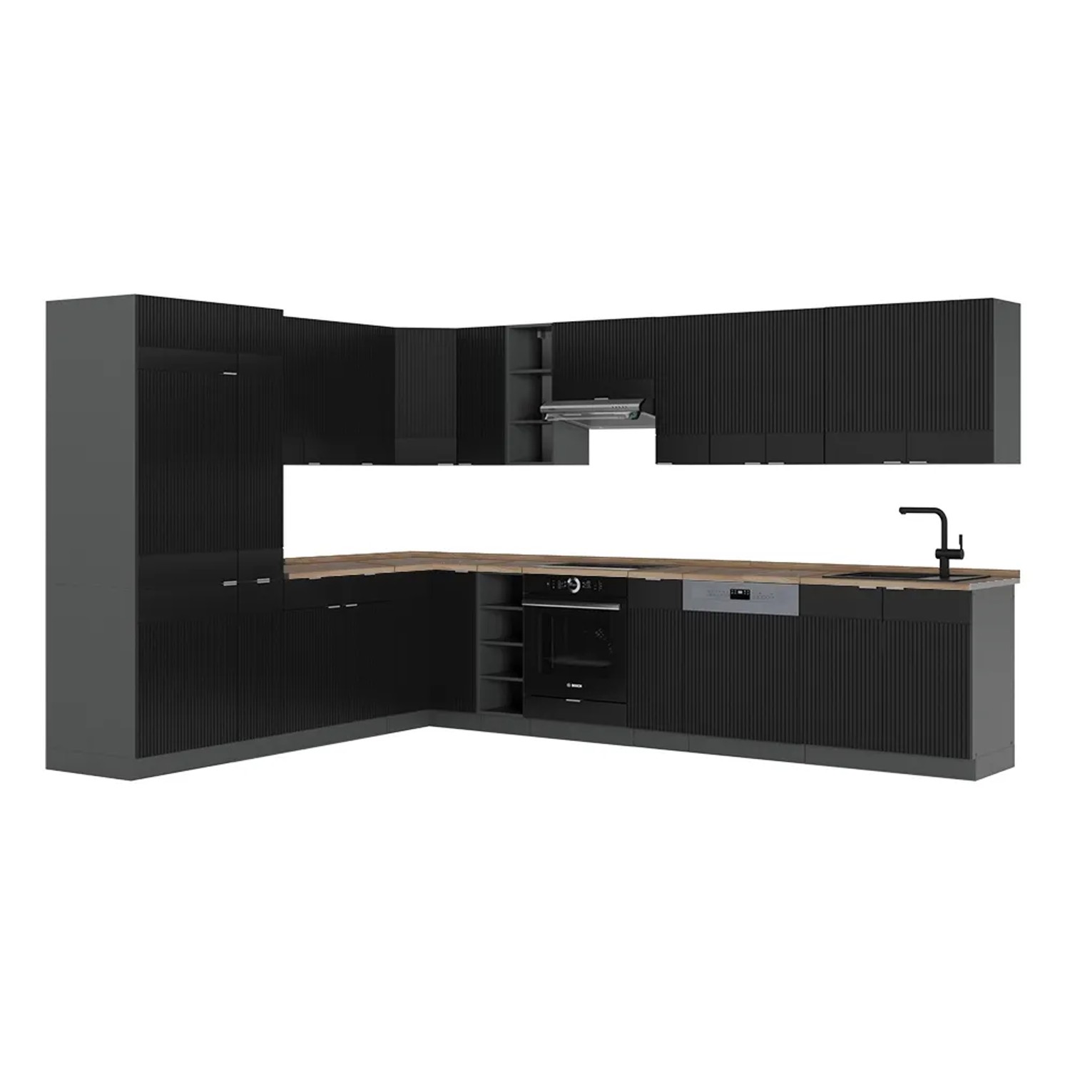 Vicco Fame-Line Eckküche Schwarz gestreift/Anthrazit 347 x 257 cm AP Eiche ohne E-Geräte