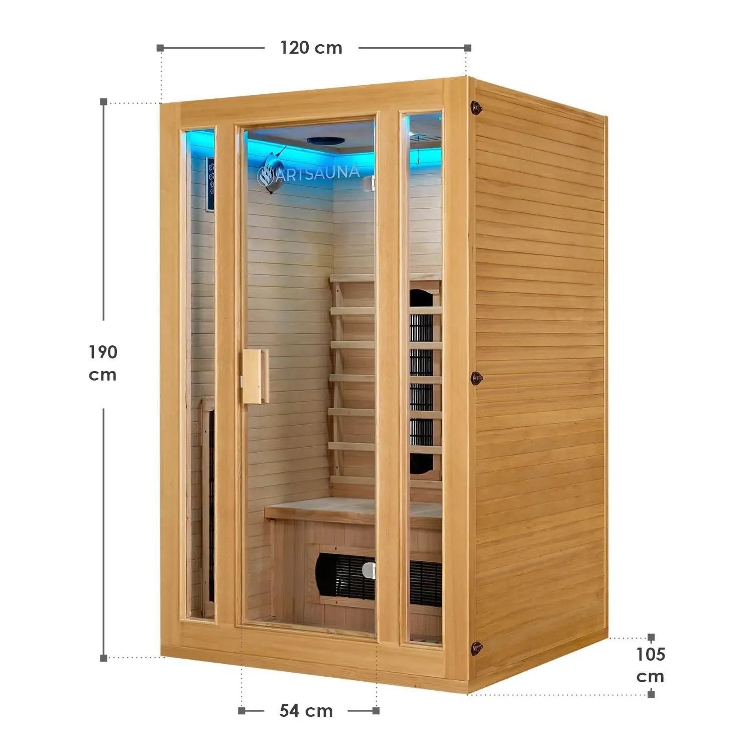 Artsauna Infrarotkabine Nyborg S120K aus Hemlockholz mit Keramikstrahler, Maße: 120x105x190cm.