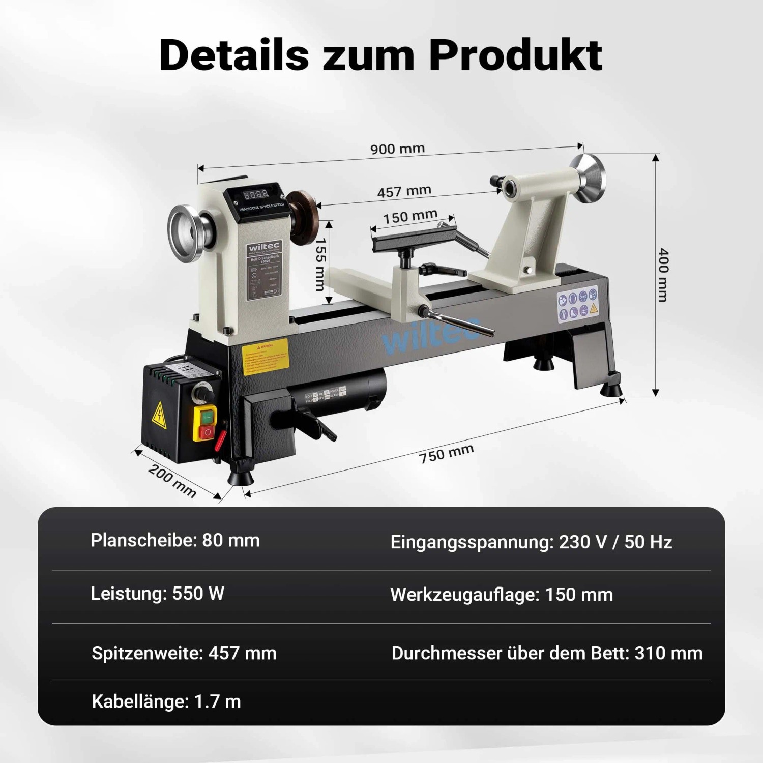 Wiltec Drechselbank 550W Drechselmaschine Drehbank Drechsler Holz Dreheisen_3