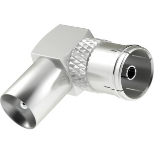 Hama Antennen-Adapter, Koax-Stecker/Kupplung, 90° Winkel, silberfarben.