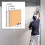 Protektor Innendämmung: Schematische Darstellung der Dämmschicht mit Leichtspachtelkleber und Anwender bei der Verarbeitung.