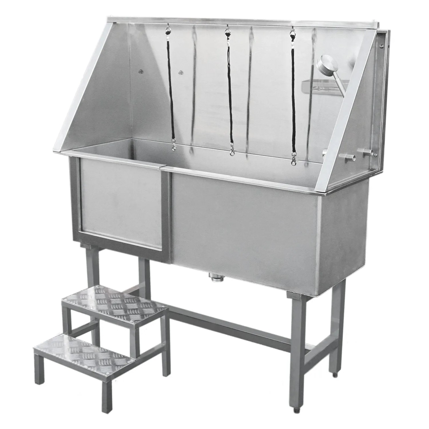 Monstershop Edelstahl Haustier Badewanne (400mm) mit Treppe und Befestigungsbändern.