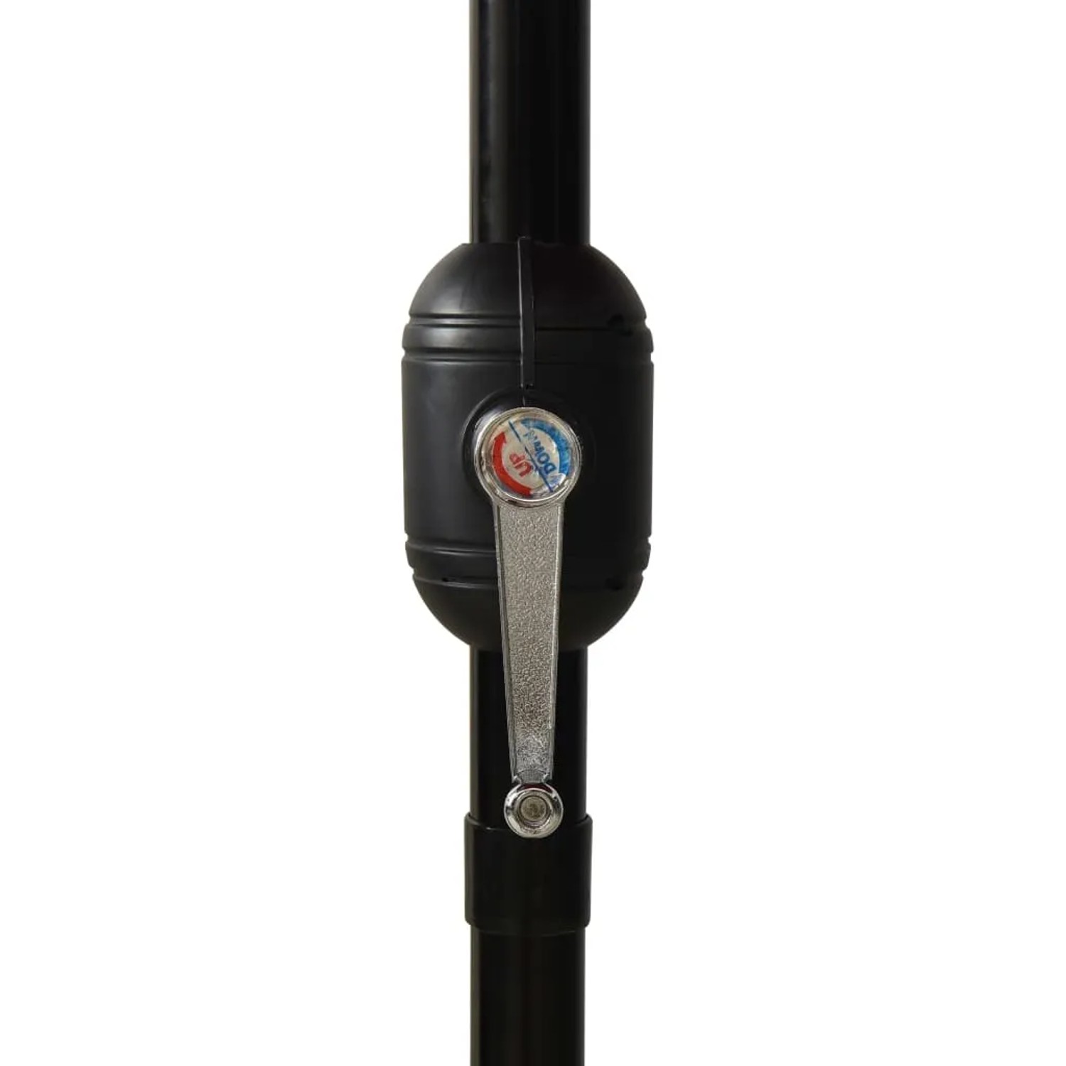 Detailaufnahme: Kurbelmechanismus des furnicato Sonnenschirms mit Aluminium-Mast.