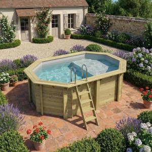ALTANKA Holzpool Nemo 4,3x3 Höhe 1,31 m GRAU mit Liegefläche mit am Beton Verschraubten Stützen BAS7303OSPL2+PLA303