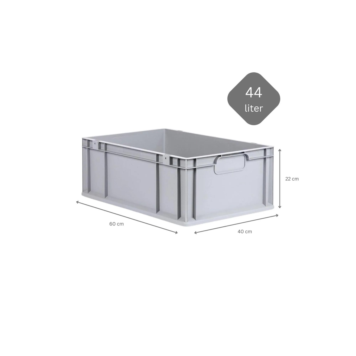 Graue PROREGAL Eurobox 44L mit Griffen und Maßen (22x40x60cm) für Lagerung.