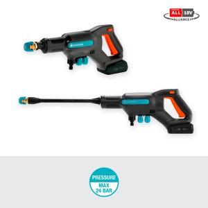 Gardena Akku-Mitteldruckreiniger AquaClean 24/18V Set mit kurzer und langer Lanze.