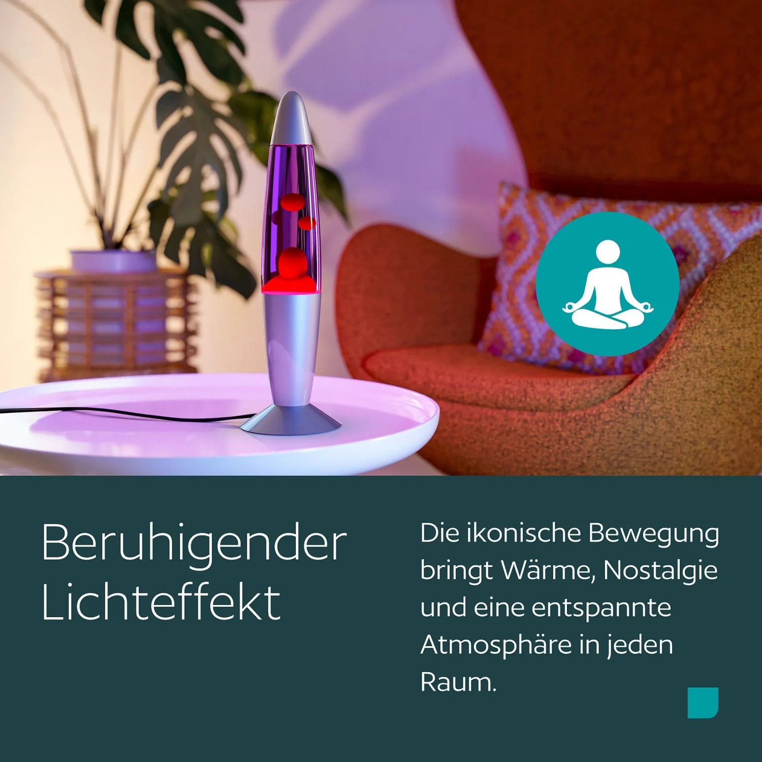Eglo LED-Tischleuchte: Silberne Lavalampe mit violetter Flüssigkeit und rotem Wachs, für entspannte Wohnzimmer-Atmosphäre.