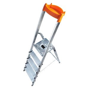 Hailo L58 Alu-Sicherheits-Stehleiter mit 5 Stufen und orangefarbenem Haltebügel.