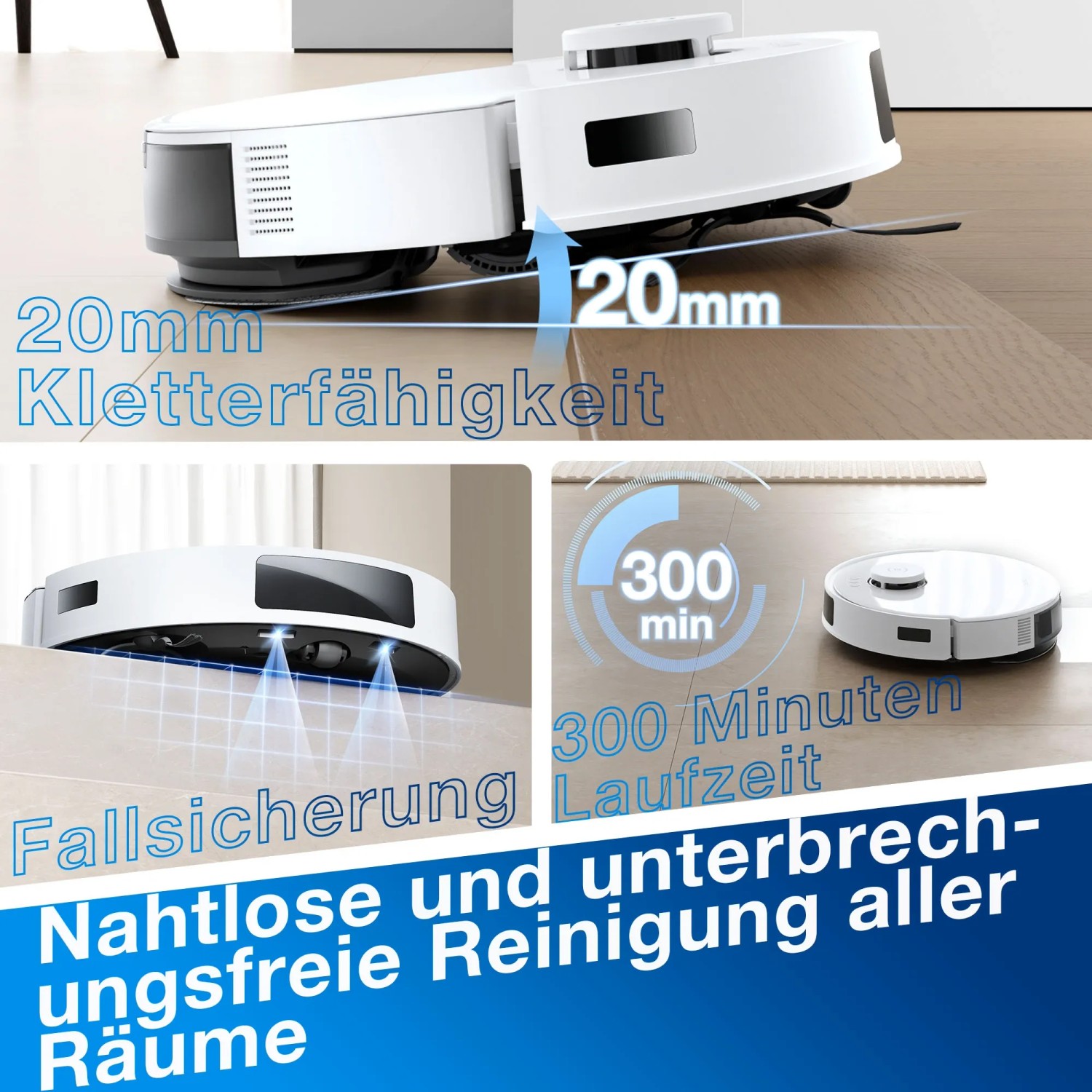 Ecovacs N20 PRO PLUS Saugroboter: Hindernisüberwindung, Fallsicherung, lange Laufzeit für nahtlose Reinigung.