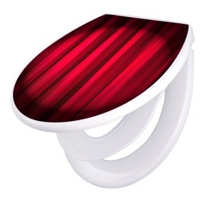 Banjado Familien WC-Sitz mit rotem Vorhang Motiv, Absenkautomatik und integriertem Kindersitz.