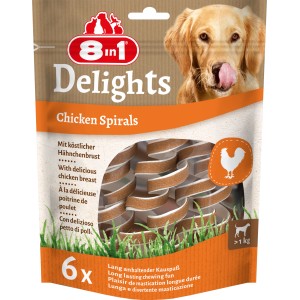8in1 Delights Chicken Spirals, Hunde-Kaustreifen mit Hähnchenbrust im Beutel, 6 Stück.