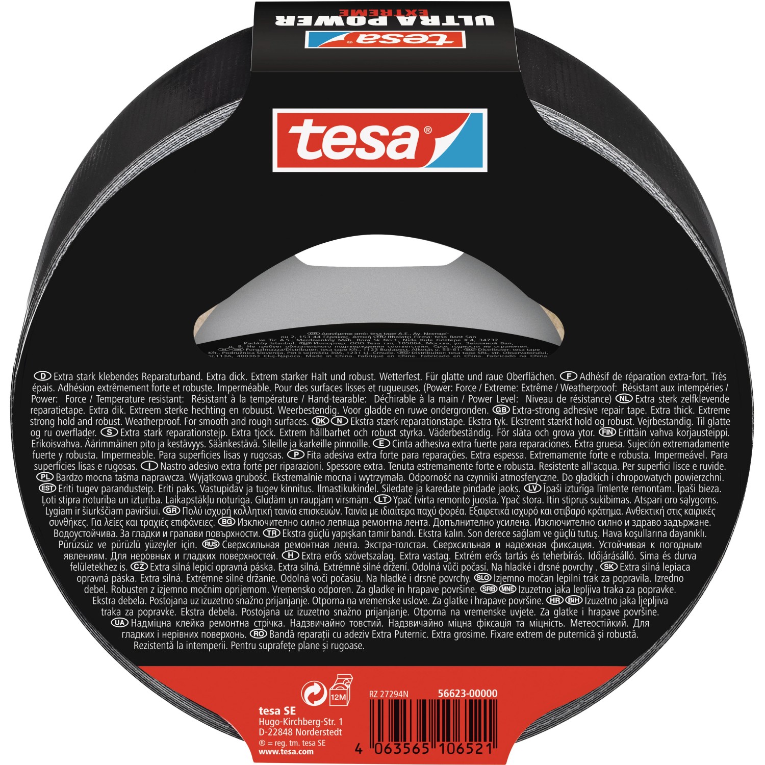 Tesa Ultra Power Extreme Reparaturband, 25 m x 50 mm, Rolle in Schwarz.