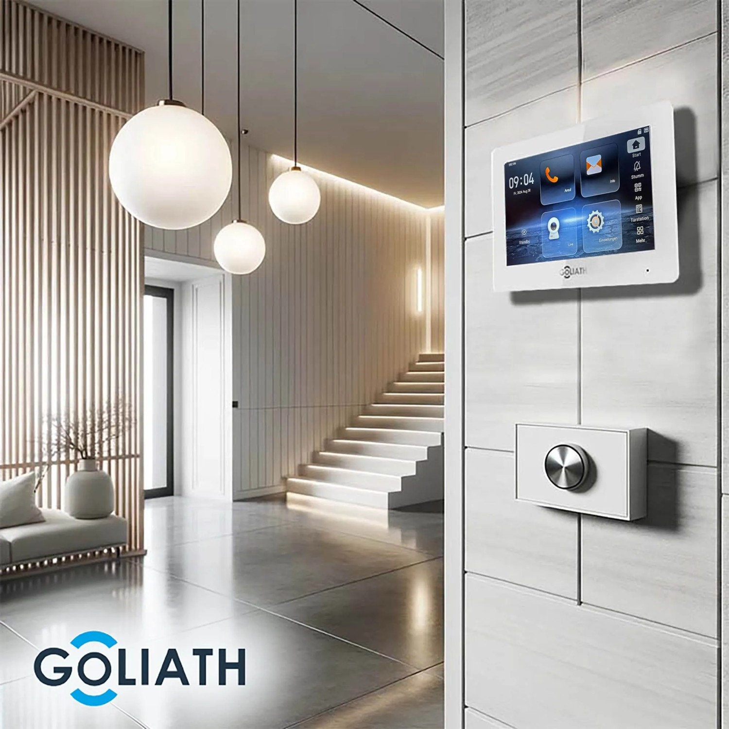Goliath Video Türsprechanlage für 4 Familien, mit Monitor und Aussenstation in Schwarz/Silber.