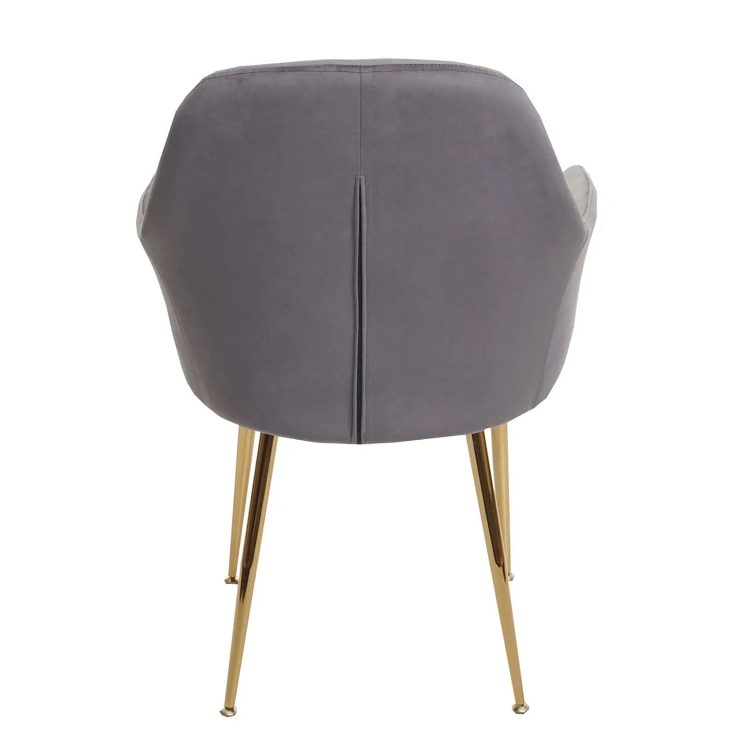 6er-Set graue Samt Polsterstühle mit goldenen Beinen, Rückansicht.