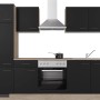 Flex-Well Küchenzeile Capri, 270 cm, Schwarz Matt/Endgrain Oak, mit E-Geräten und Spüle.