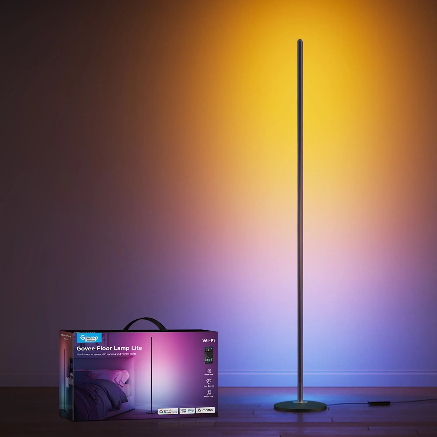 Govee LED Stehleuchte mit Farbwechsel und Verpackung. Smarte Leuchte mit App-Steuerung.