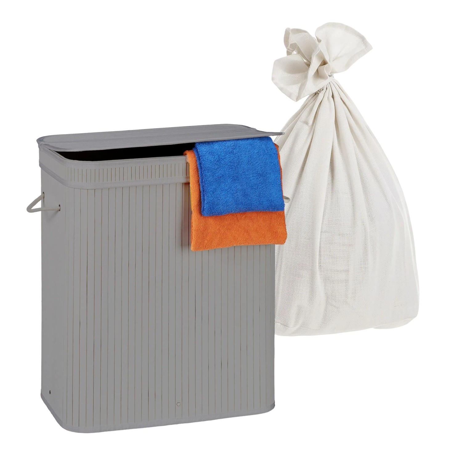Relaxdays Wäschekorb Bambus Grau 2 Fächer Faltbar mit Deckel 60 cm x 52 cm x 32 cm 2,2 kg
