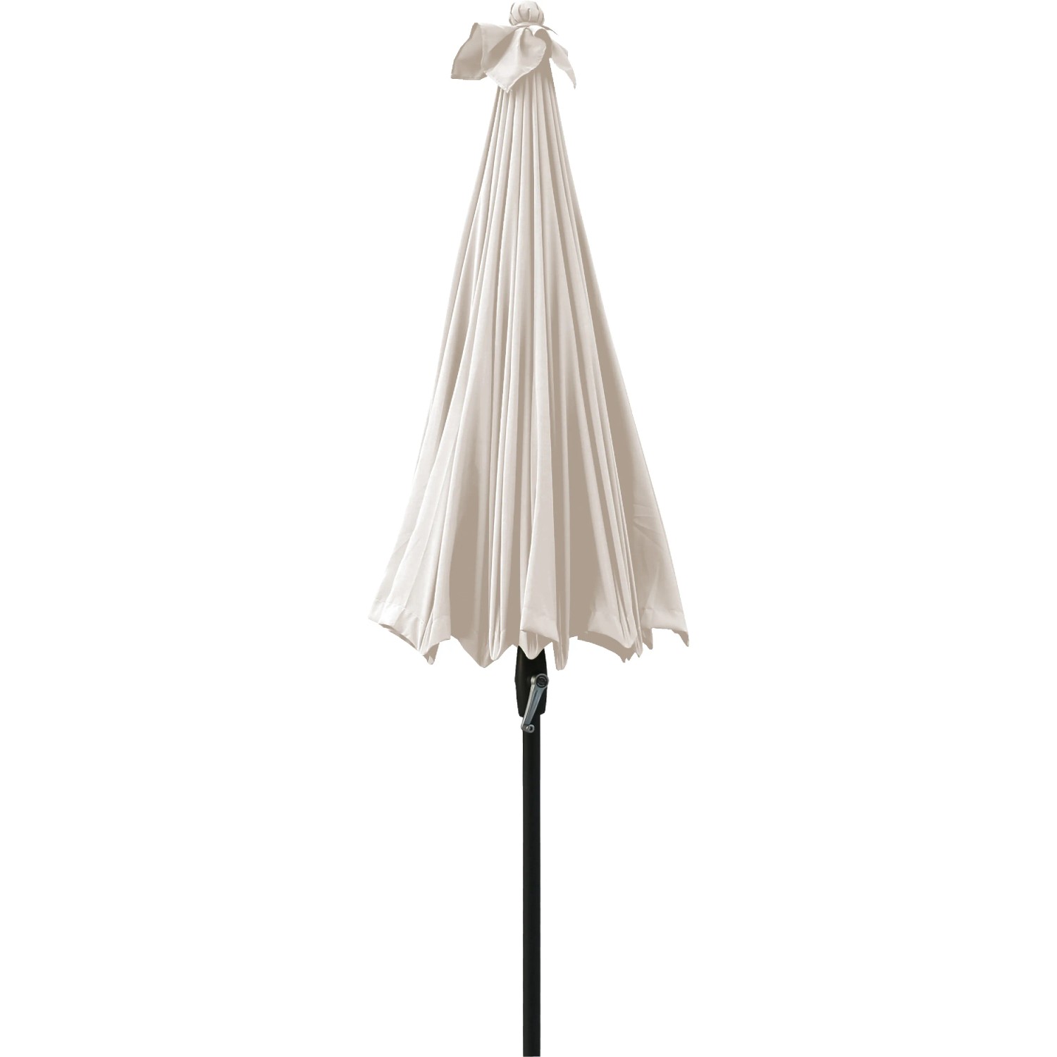 Geschlossener, weißer Marktschirm Limon Ø 270 cm mit Kurbel und schwarzem Mast.
