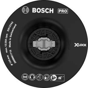 Schwarzer Bosch X-Lock Stützteller Ø 125 mm, mittelhart, für Winkelschleifer. Mit zentralem X-Lock Mechanismus.