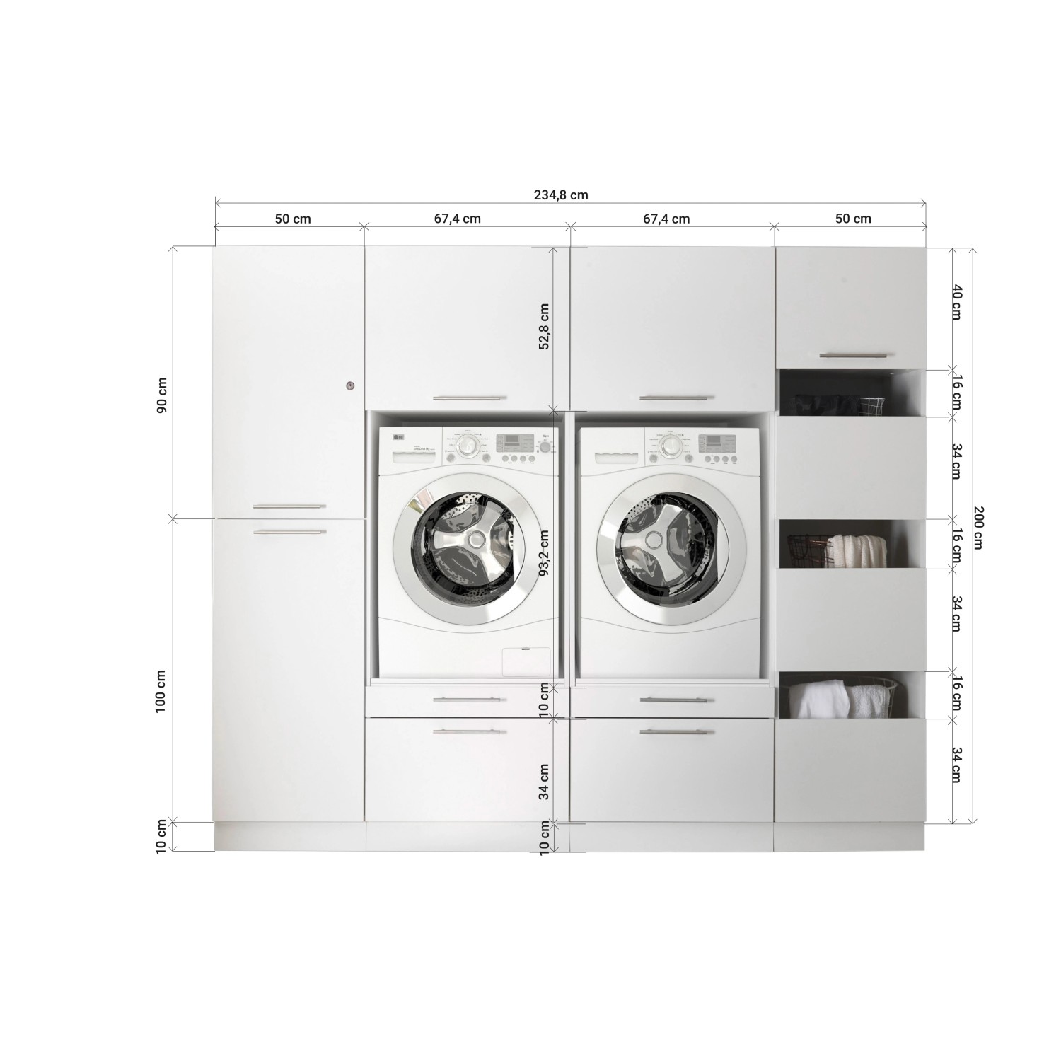 Respekta Hauswirtschaftsraum Set Clara, 234,8 cm breit, weiß matt, mit Waschmaschinenschränken und Stauraum.