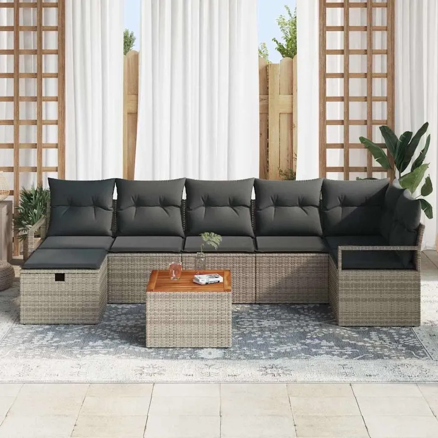 Graues 8-teiliges vidaXL Garten-Sofa-Set aus Polyrattan mit Kissen und Stauraum.
