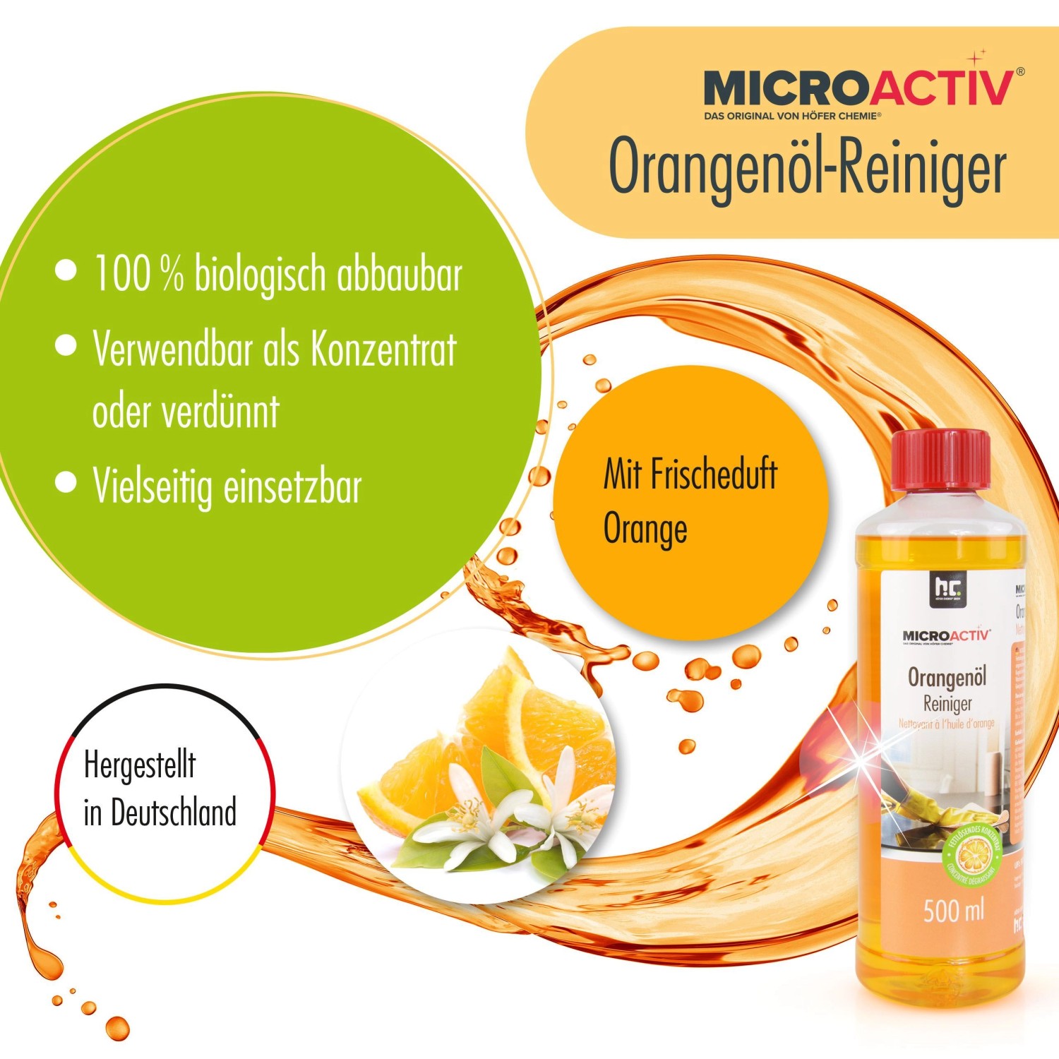 Microactiv Orangenöl Reiniger Konzentrat, 500ml Flasche. Reinigungsmittel für Haushalt, Auto und mehr.