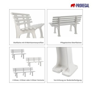 Weiße PROREGAL Gartenbank Antigua, 4-Sitzer aus witterungsbeständigem Kunststoff. Parkbank/Sitzbank.