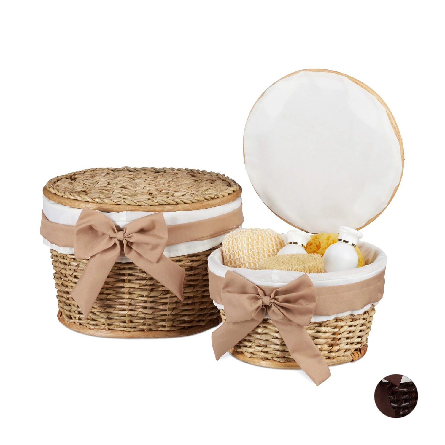 Relaxdays Badkörbchen 2er Set Buri-Holz Natur Mit Klappdeckel Stapelbar 17 cm x 26 cm und 22 cm x 31 cm 1,2 kg