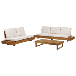 Beliani Gartensofa MARETTIMO, cremeweißes 3- und 2-Sitzer Set mit Tisch aus Akazienholz.
