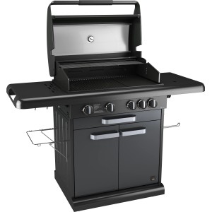 Schwarzer Jamestown 4-Brenner Gasgrill Clyde mit Ablagetischen und Unterschrank.