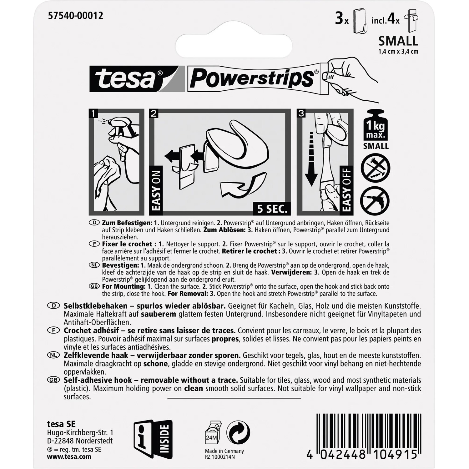 Tesa Klebehaken Chrom eckig, 3er-Set mit Powerstrips Small. Ideal für Küche & Bad.