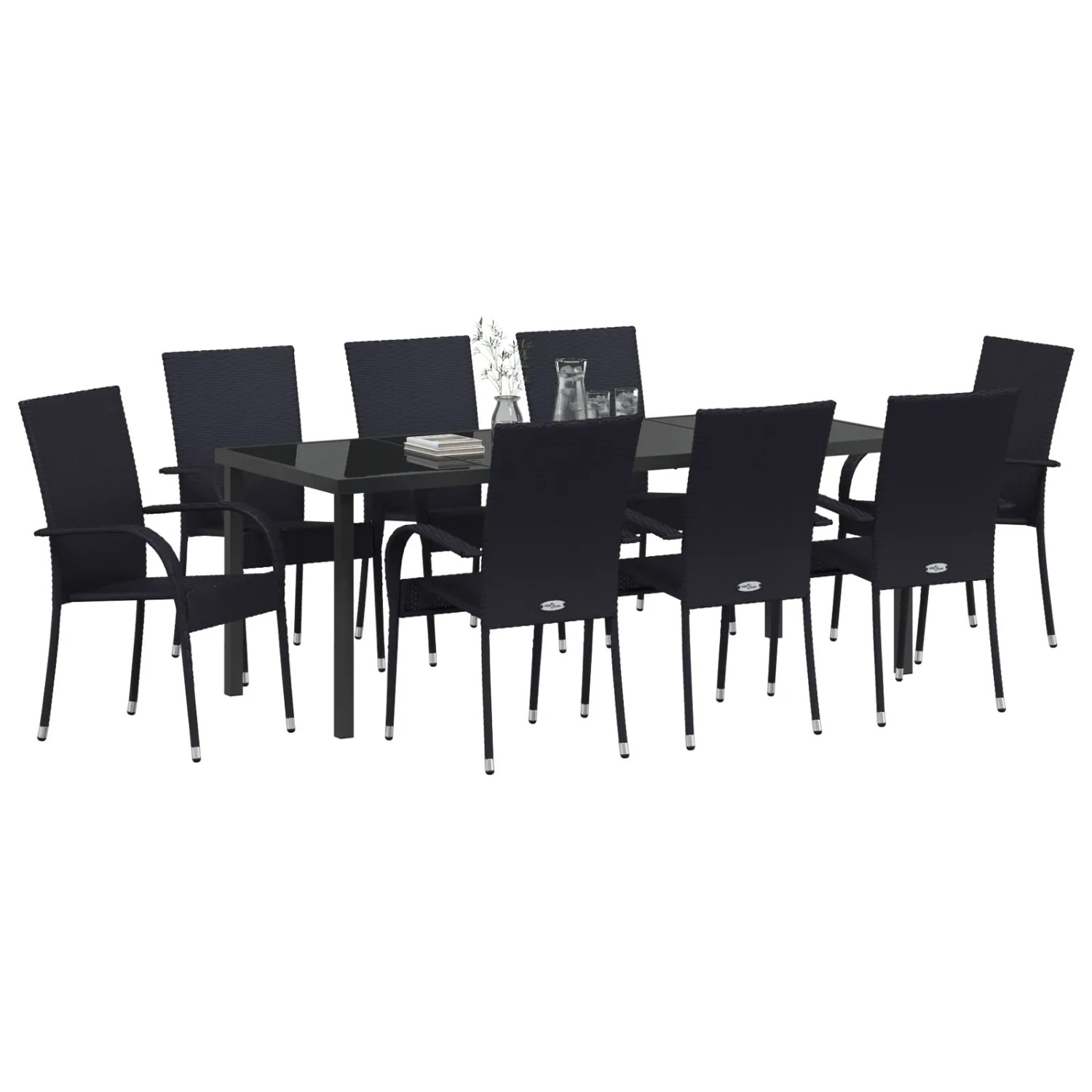 Schwarze 9-teilige vidaXL Garten Essgruppe aus Poly Rattan mit Tisch und 8 Stühlen.