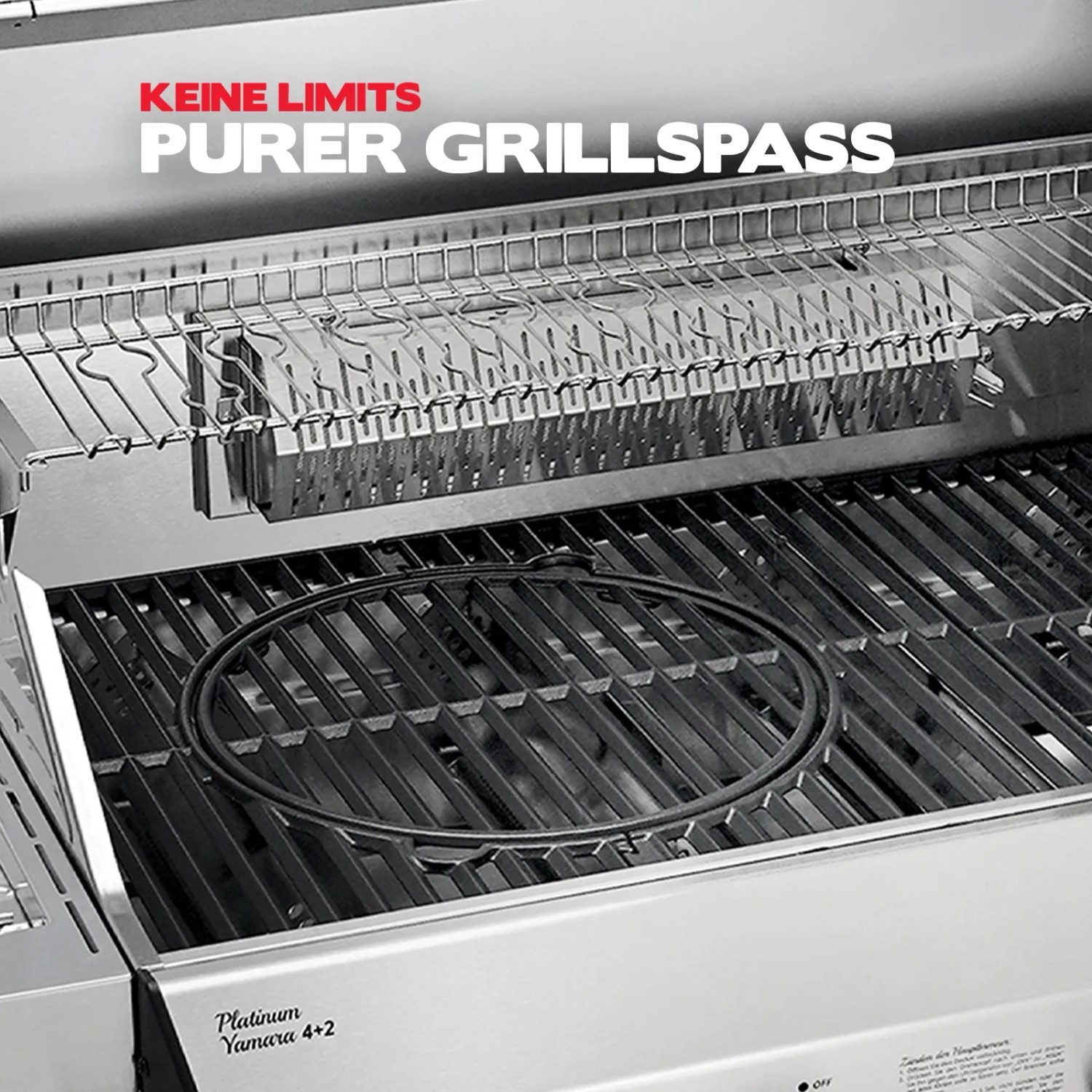 Innenansicht Taino Platinum Yamara 4+2 Gasgrill mit Grillrost, Warmhalterost und Chicken Drum Holder.