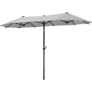 Schneider Marktschirm, silbergrau, mit Knickfunktion. Rechteckiger Sonnenschirm mit schwarzem Mast.