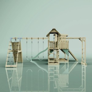 OutdoorToys Spielturm Lars mit Schaukel, Rutsche und Kletterwand in Mintgrün.