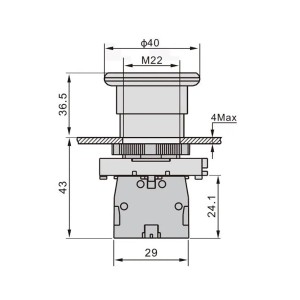 Technische Zeichnung Sintron Not-Aus Schalter IN1, Maße: 40 mm Kopfdurchmesser, 22 mm Einbaudurchmesser.