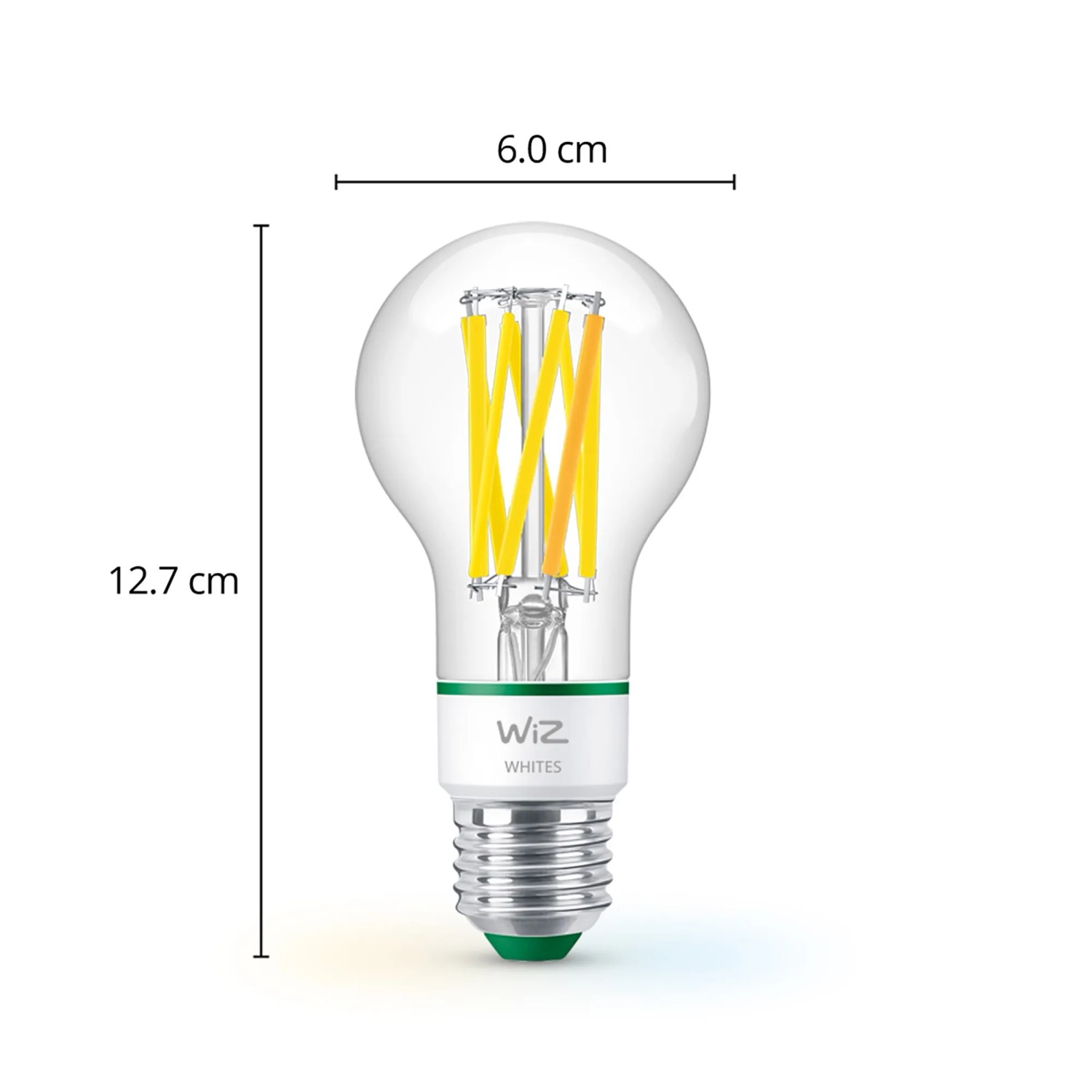 WiZ LED-Lampe E27 in Glühlampenform, 4,3 W, 903 lm, Weiß, mit Maßangaben (6,0 x 12,7 cm).
