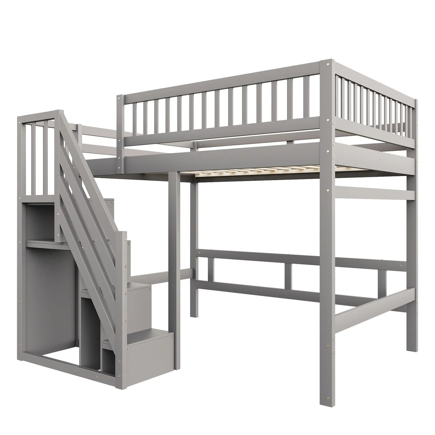 Merax Massivholzbett 140x200cm Treppe Stauraum Grau