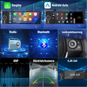 Junsun Autoradio 1 Din: Wireless Carplay, Android Auto, Bluetooth, Lenkradsteuerung, DSP, Rückfahrkamera, 6,36 Zoll.