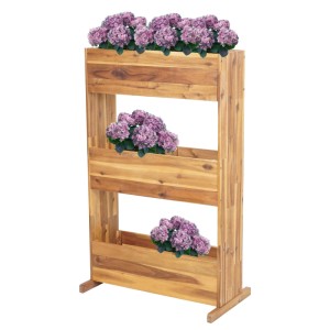 Braunes PROREGAL Pflanzkastenregal aus Akazienholz mit 3 Reihen für Blumenkästen im Garten.