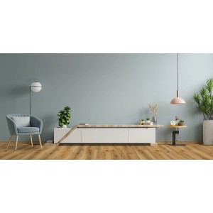 Wohnraum mit Click-Vinylboden Weddingstedt Eiche in Holzoptik.